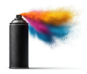 Black spray can erupting in a colorful powder explosion on a white background