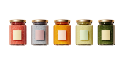 Five small glass jars, each filled with a different colored, possibly textured, food product.  Gold-colored lids.  Square, pastel-colored labels on each jar
