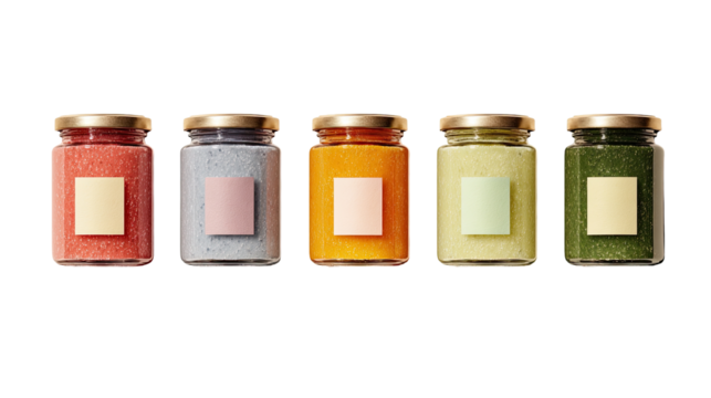 Five small glass jars, each filled with a different colored, possibly textured, food product.  Gold-colored lids.  Square, pastel-colored labels on each jar