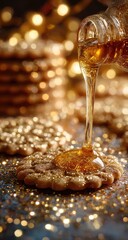 Golden cookies drenched in honey, festive bokeh