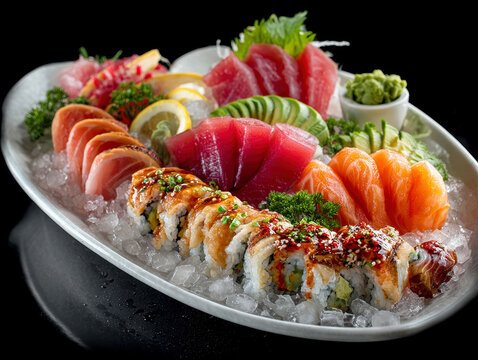 Vibrant sushi platter on dark surface, dimly lit setting, round glass platter, artful arrangement of nigiri and maki rolls, salmon, avocado, hamachi, seared tuna, sesame seeds, red tobi - AI-Generated