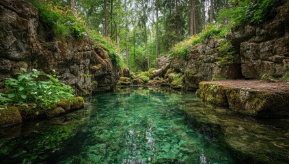 Crystal-clear spring in a forest glen. Lush vegetation and rocks surround a tranquil pool