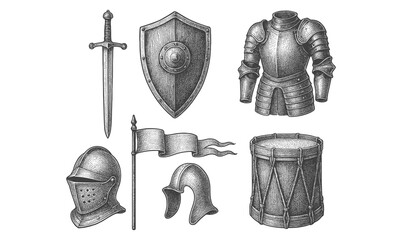 Medieval armor and weapons set with sword, shield, and helmet in vintage style