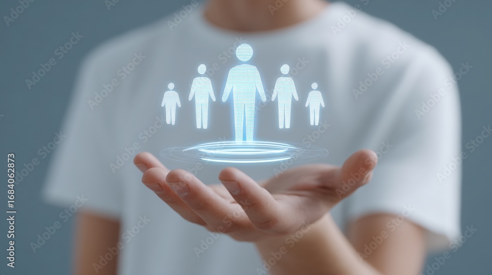 Poster a person holds a digital representation of figures, symbolizing community and connection in a modern