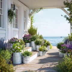 Naklejka premium White porch overlooking ocean with various potted plants