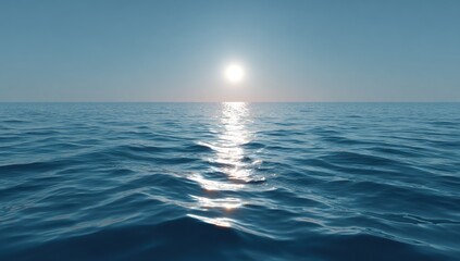 Obraz premium Vast expanse of serene ocean at sunrise/sunset. Clear, tranquil blue water reflecting a bright sun