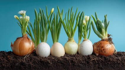 Sprouting onions and eggs in soil.  Fresh green shoots emerge from bulbs and eggs, against a backdrop of teal blue.  A row of onions, eggs, and plant sprouts are arranged in the foreground.  