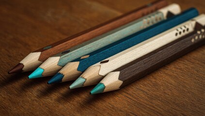 Obraz premium Close-up of five colored pencils arranged on a wooden surface. Different shades of teal, turquoise, and brown are featured. The pencils have a wood-like body with contrasting colored tips
