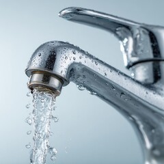 Close-up of a chrome faucet with water droplets and flowing water