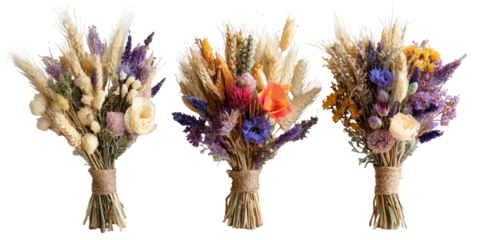 Three dried flower bouquets in warm and cool tones