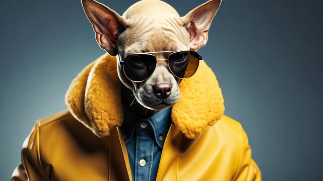 Cool Cat in a Fashionable Attire: This image showcases a stylish, bald cat exuding confidence and cool, wearing a sleek pair of sunglasses and a trendy yellow jacket, against a captivating backdrop.
