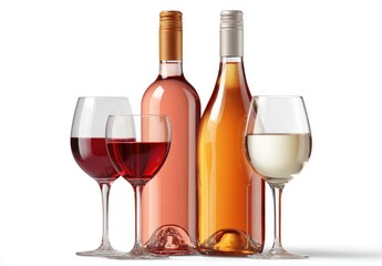 Three bottles of ros? and red and white wine with glasses