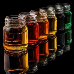 Colorful glass jars in a row,  reflecting on a dark surface