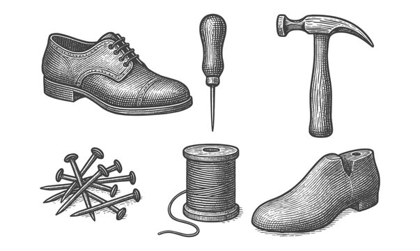Vintage hand drawn shoemaking tools including hammer and thread spool