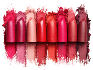 Lipstick swatches arranged on a backdrop of loose powder makeup.  Various shades of red, pink, and mauve lipstick are displayed