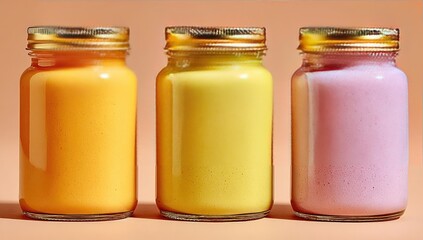 Three glass jars,  filled with vibrant,  smooth,  colored  drinks.  Gold lids.  Front-facing.  Beige background