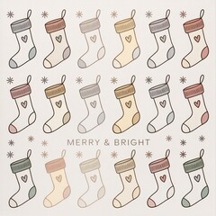 Seamless Pattern of Christmas Stockings with Heart Accents, Merry and Bright Typography, Minimalist Holiday Background for Cards, Wrapping Paper, and Winter Design Projects