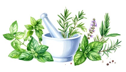 Fresh herbs in a mortar and pestle. Watercolor illustration of various herbs, spices and a white mortar and pestle