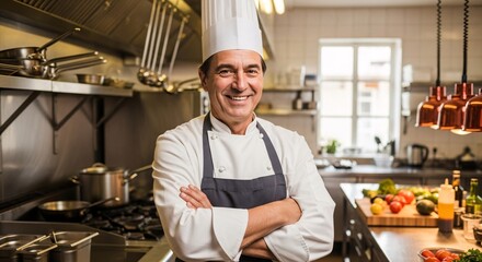 Chef Poses with Arms Crossed in Commercial Kitchen, Embracing Culinary Artistry and Expertise