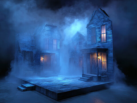Old, weathered house stage set for Halloween display Muted earth tones, blueish light, smokemist, closed windows, skewed perspective, horror or thriller theme - AI-Generated