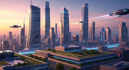 Aerial view of futuristic cityscape with skyscrapers and flying vehicles at sunset or sunrise light