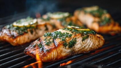 Grilled salmon fillets, topped with herbs and lemon, cooking on a hot grill.  Close-up view shows the sizzling fish