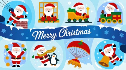 Fototapeta premium Christmas Santa Character Set – Fun Holiday Activities with Santa Claus, Train, Gifts, Penguin, Parachute, and Festive Elements for Merry Christmas Greeting Cards and Seasonal Banners