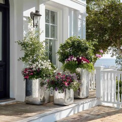 Silver planters with colorful flowers on a porch