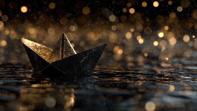 A dark, golden paper boat on water