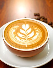 Latte art on a warm wooden surface