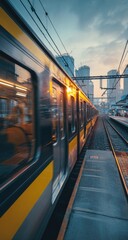 Obraz premium Urban train moving at station, sunrise