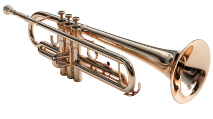 Polished brass trumpet angled, showing valves and bell