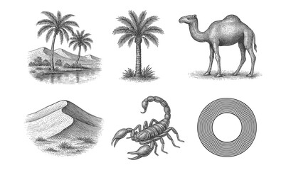 Hand-drawn desert elements: palms, camel, sand dunes, scorpion, geometric circle