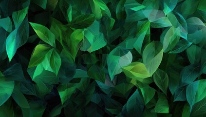 Lush, abstract foliage.  A dense backdrop of stylized leaves in varying shades of green, with hints of translucent light