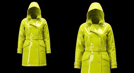 Neon Yellow Raincoats Mockup — Fashion Outerwear on Black