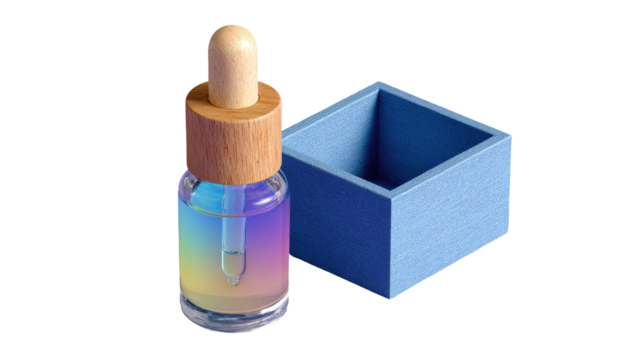 A pastel iridescent dropper bottle sits beside a light-blue box