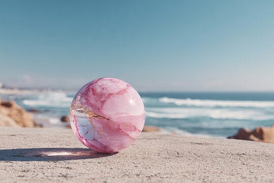 Pink sphere resting on beige beach, ocean backdrop