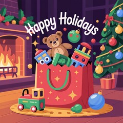 Naklejka premium Happy Holidays Christmas Gift Bag with Toys by Fireplace and Tree – Festive Holiday Vector Illustration for Seasonal Greetings, Cards, and Family Celebration