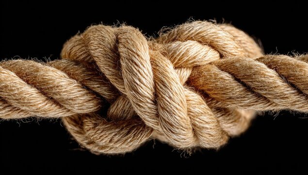 Close-up of a tightly bound knot in light brown rope against a black background
