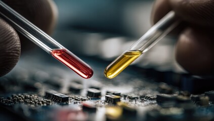Naklejka premium Close-up of two test tubes, one with red liquid, the other with yellow, held over a circuit board. Hands holding tubes are visible. Focus is on liquids and circuit