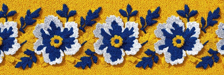 Crochet floral border on a mustard yellow background