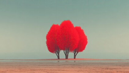 Crimson trees stand sentinel on a muted landscape