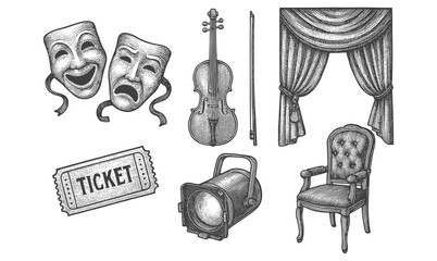 Vintage theater artifacts: drama masks, violin, curtains, spotlight, and ticket illustration