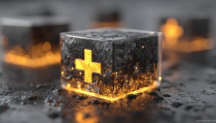 Abstract cubes, glowing plus sign