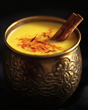 Saffron-infused golden milk in hammered brass cup