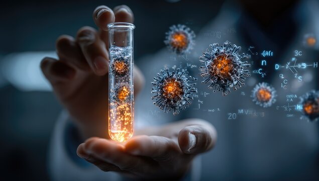A scientist's hand holds a test tube filled with a glowing liquid, surrounded by 3D models of viruses. Chemical formulas and numbers are visible in the background