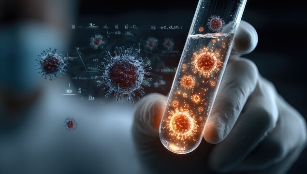 Hand holding test tube with magnified viruses. Scientific research concept - Powered by Adobe