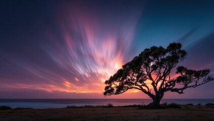 Fototapeta premium Silhouette tree at sunrise over ocean. Vibrant sunrise colors radiate outward