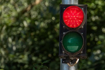 Traffic light on a partially obscured pole, with three circular sections red, green, yellow Daytime...