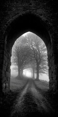 Misty path through ancient archway